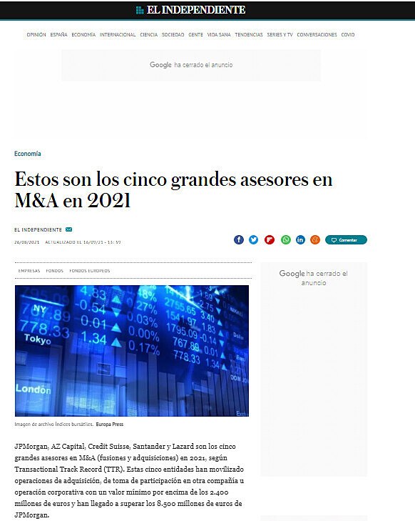 Estos son los cinco grandes asesores en M&A en 2021